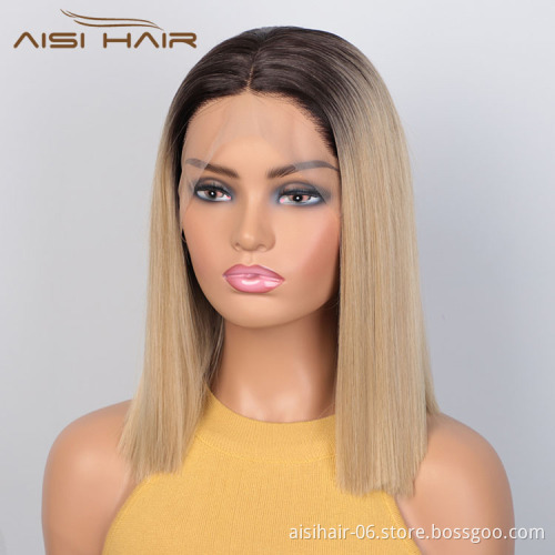 Aisi Hair Wholesale Short Ombre Blonde Dark Root Bob Wig Swiss Lace Wig Cheap Synthetic Lace Front Wigs For Black White Women